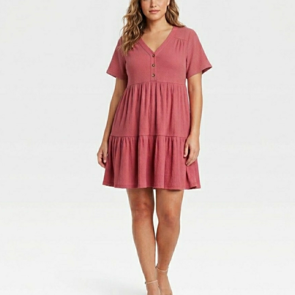 Plus-Size Button-Front Tiered V-Neck Dress in Dusty Rose